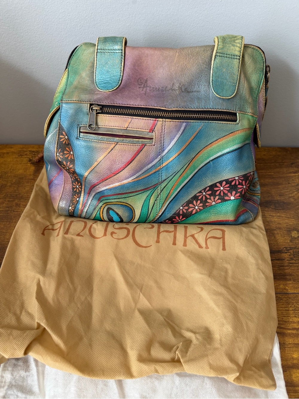 Anuschka Hand Painted Leather Peacock Feather Floral Shoulder Bag w/ Dust Bag‎